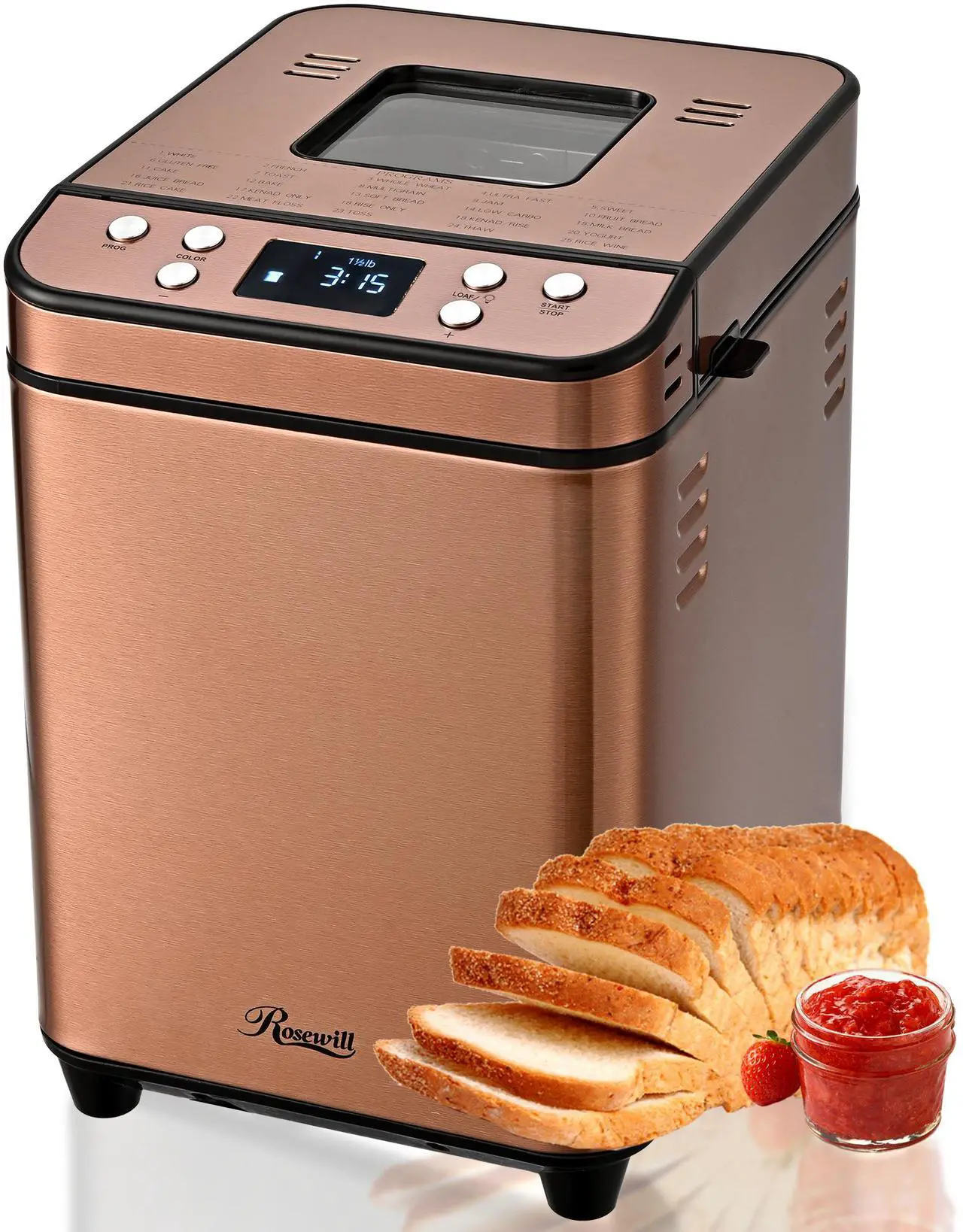 Rosewill 25-in-1 Automatic Bread Maker Machine with 3 Loaf Size up to 2LB, 700W High Power Dual Heater Bread Maker with BPA-free Nonstick Coating Pan, Max 15 Hours Delay Timer, Low Noise - Cinnamon