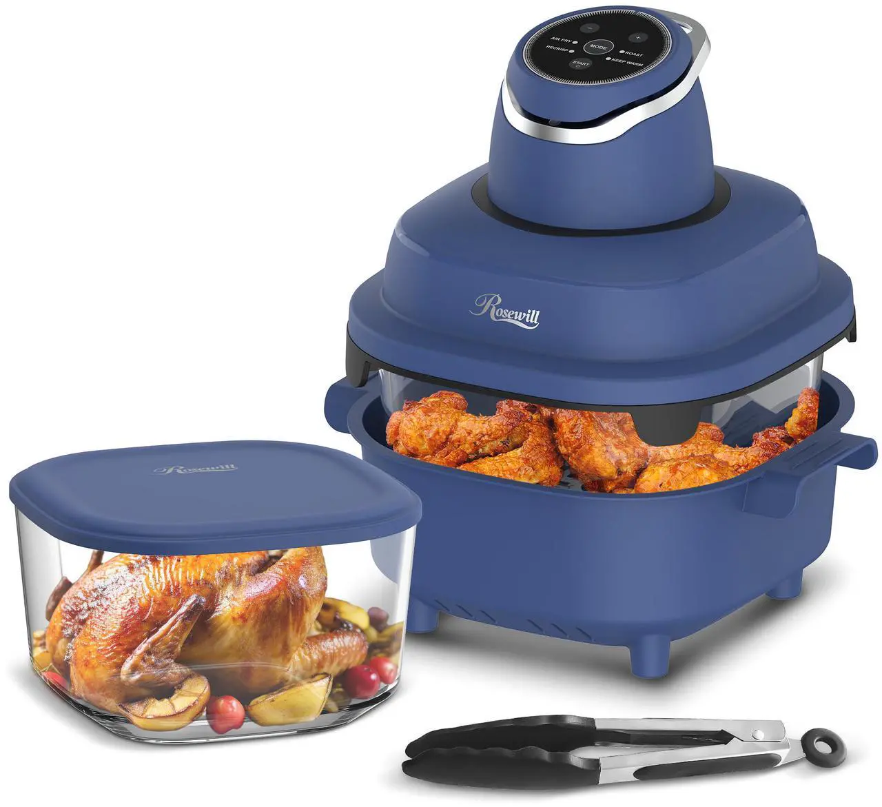 Rosewill 4-in-1 Portable Glass Air Fryer, 4.7QT Transparent Glass Cooking Pot with Storage Lid & Tongs, Compact Smart for Deep Roast, Recrisp, Keep Warm – Navy Blue