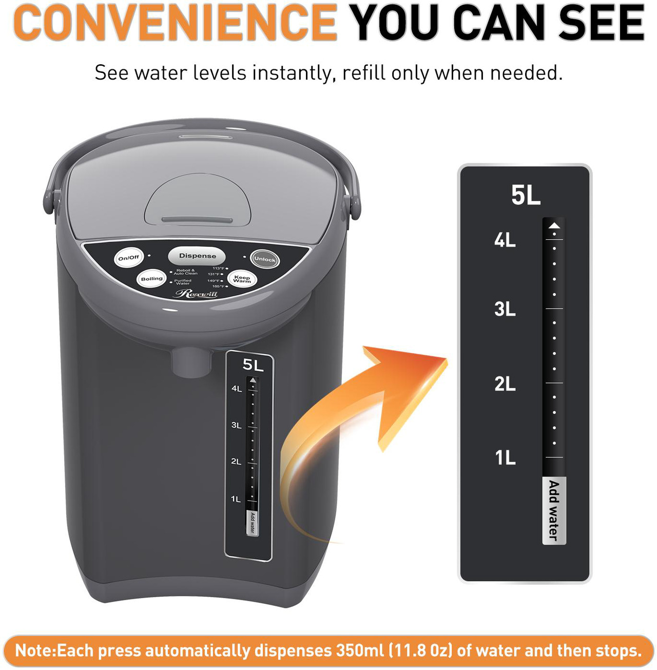 Open Box: Rosewill Electric Hot Water Boiler and Warmer, Hot Water Dispenser with Auto Dispense Function, 5 Temperature Settings, Large Capacity 5.0 L (5.3 QT) - Gray - Newegg.com - Open Box condition - Image 16