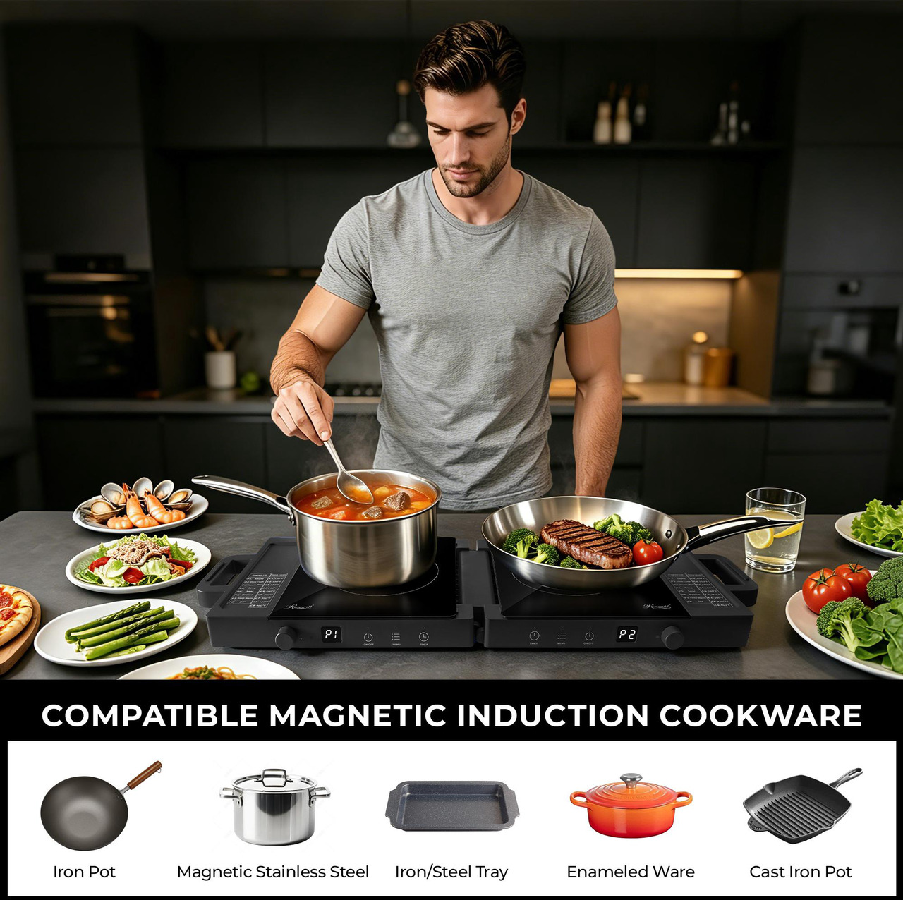 Open Box: Rosewill Foldable Dual Induction Cooktop Burner, 1800W Portable Double Burner with 8 Cooking Modes & 9-Hour Timer, Auto Shutoff, Electric Stove for Home, Dorms, RVs - Black - Newegg.com - Open Box condition - Image 9