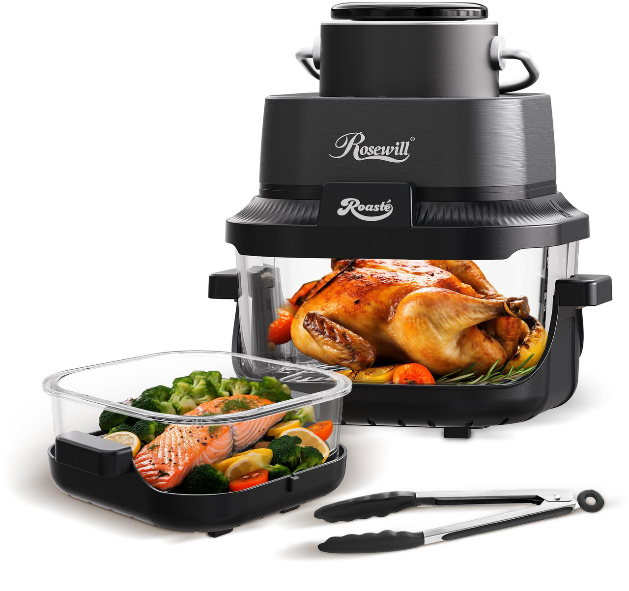 Open Box: Rosewill 8-in-1 Portable Glass Air Fryer, 5.5QT & 1.6QT Dual Transparent Glass Cooking Pot with Storage Lid & Tongs, Compact Smart for Air Fry, Deep Roast, Recrisp, Bake and more - Black - Newegg.com - Open Box condition - Image 11