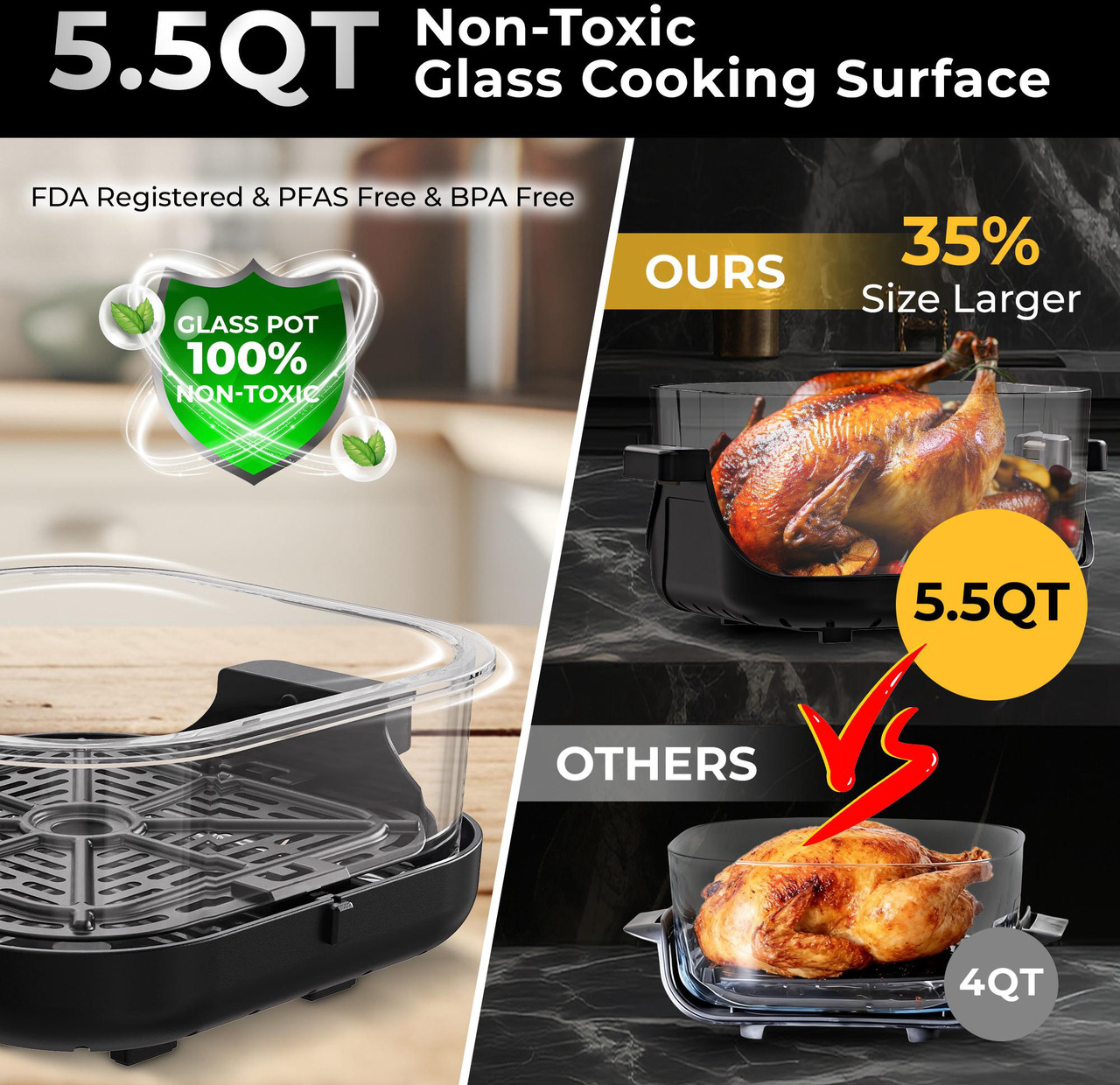 Open Box: Rosewill 8-in-1 Portable Glass Air Fryer, 5.5QT & 1.6QT Dual Transparent Glass Cooking Pot with Storage Lid & Tongs, Compact Smart for Air Fry, Deep Roast, Recrisp, Bake and more - Black - Newegg.com - Open Box condition - Image 15