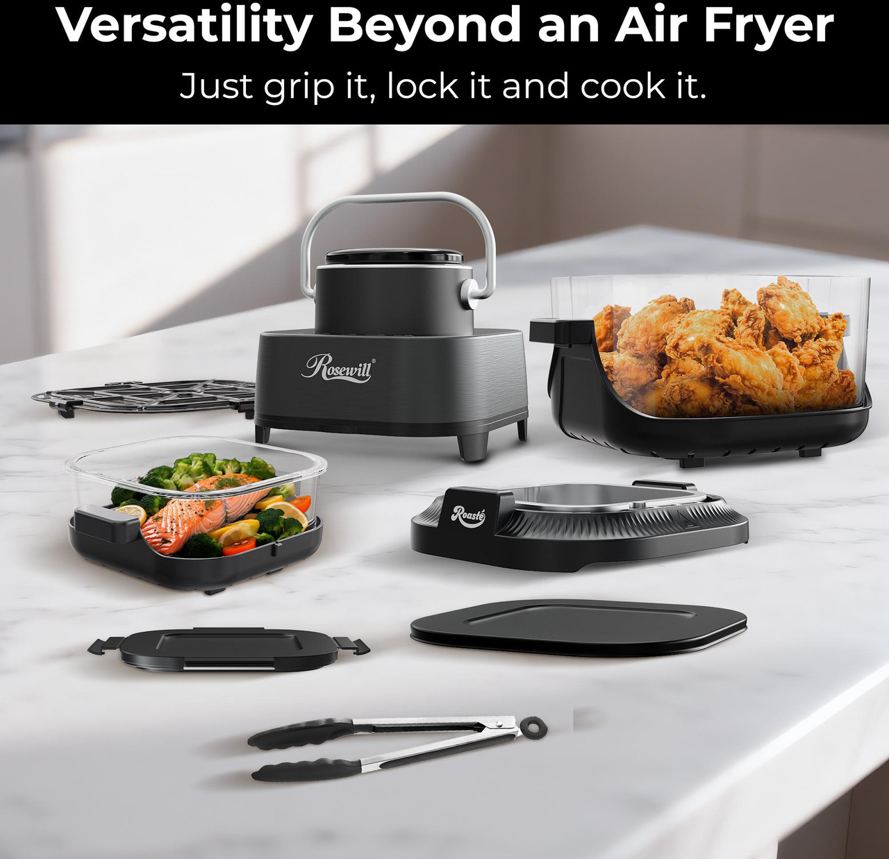 Open Box: Rosewill 8-in-1 Portable Glass Air Fryer, 5.5QT & 1.6QT Dual Transparent Glass Cooking Pot with Storage Lid & Tongs, Compact Smart for Air Fry, Deep Roast, Recrisp, Bake and more - Black - Newegg.com - Open Box condition - Image 18