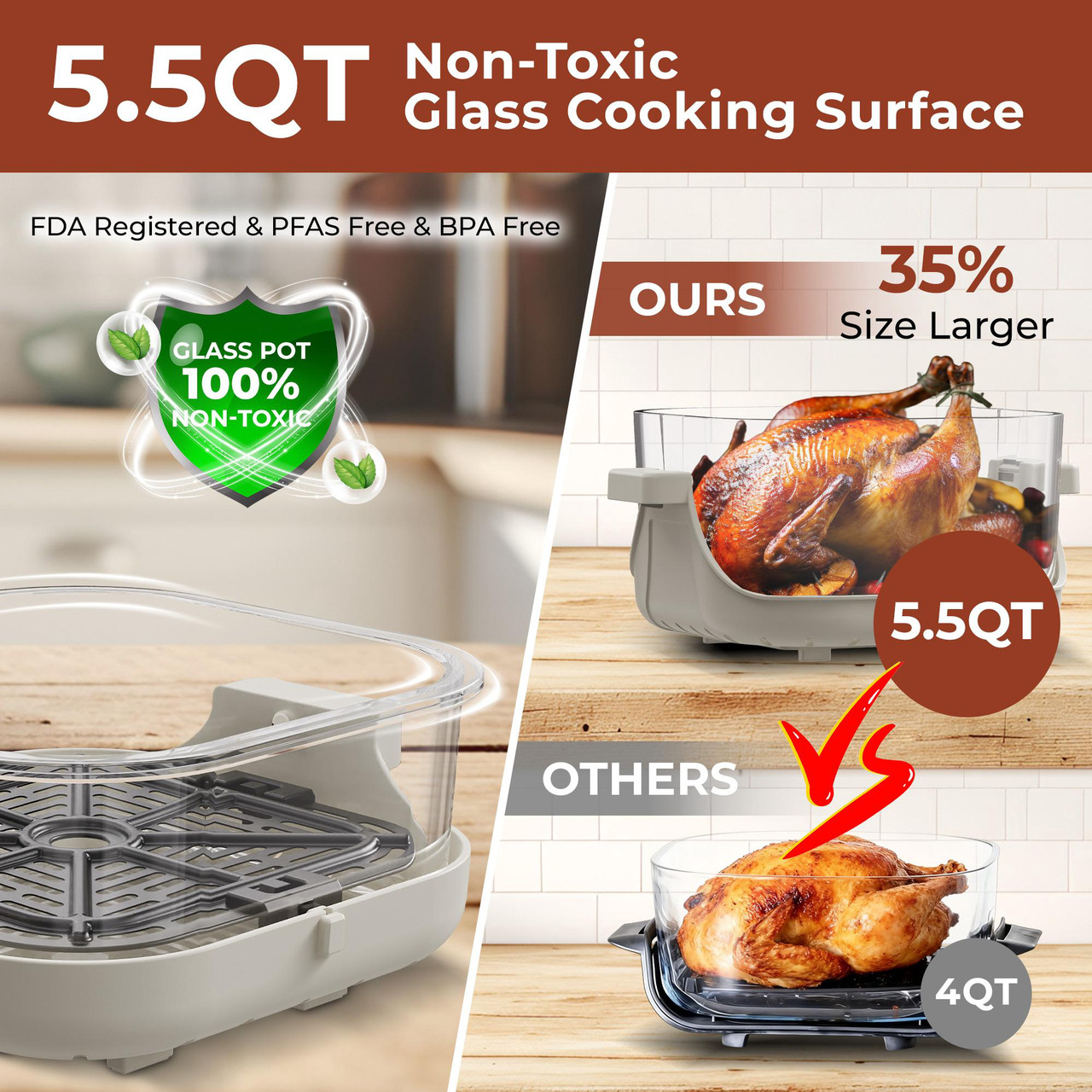 Open Box: Rosewill 8-in-1 Portable Glass Air Fryer, 5.5QT & 1.6QT Dual Transparent Glass Cooking Pot with Storage Lid & Tongs, Compact Smart for Air Fry, Deep Roast, Recrisp, Bake and more - Saturn Gray - Newegg.com - Open Box condition - Image 15