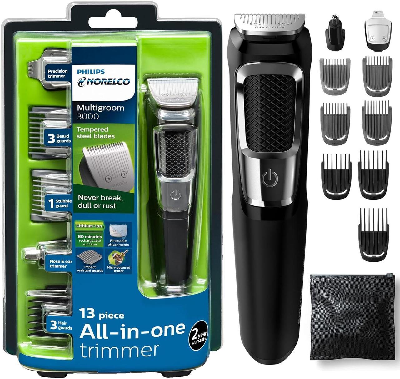 Philips Norelco Multi Groomer All-in-One Trimmer Series 3000-13 Piece Mens Grooming Kit for Beard, Face, Nose, Ear Hair TriMG3750/60