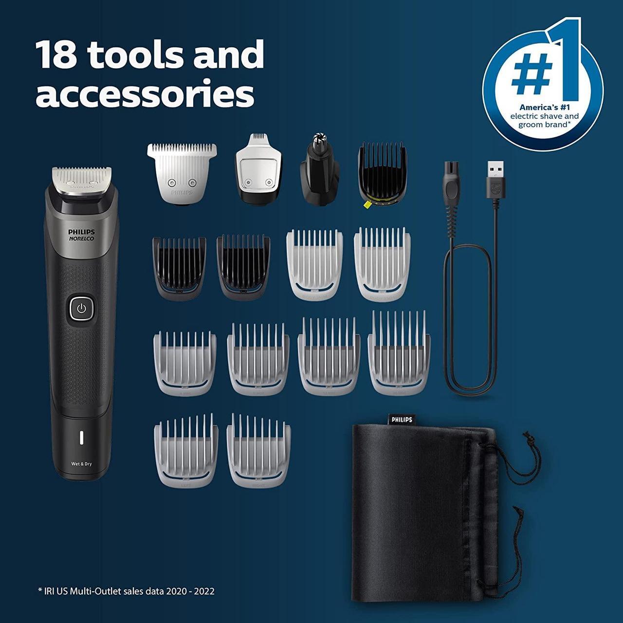 Main image of Philips Norelco Multigroom Series 5000 18 Piece, Beard Face, Hair, Body Hair Trimmer for Men - NO BLADE OIL MG5910/49