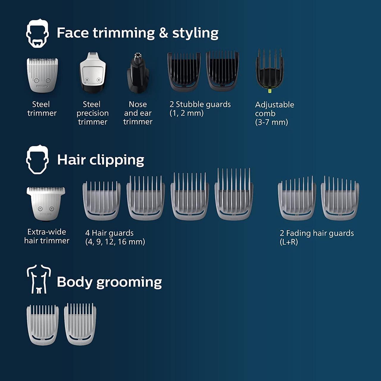 Alt view image 5 of 10 - Philips Norelco Multigroom Series 5000 18 Piece, Beard Face, Hair, Body Hair Trimmer for Men - NO BLADE OIL MG5910/49