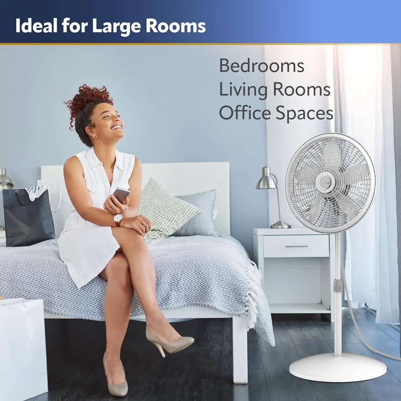 Alt view image 4 of 10 - Lasko Elegance and Performance Pedestal Stand Fan, 3-Speeds, 90 Degree Oscillation, Adjustable Height, Timer, Remote for Indoor, Bedroom, Living Room, Home Office, Dorm Use, 18 Inch, White, 1850