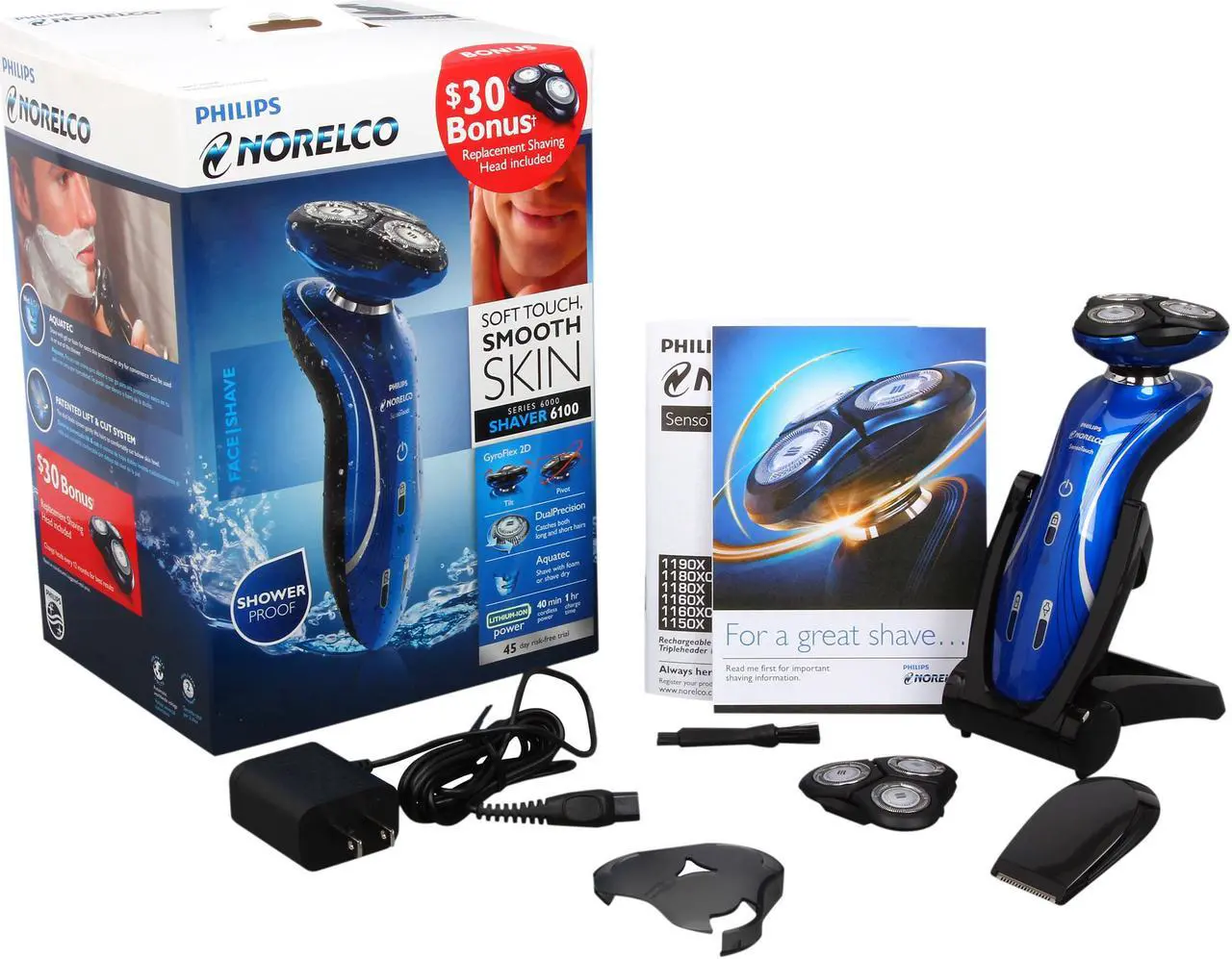 Alt view image 9 of 9 - Philips Norelco Shaver 6100 Series 6000 wet & dry electric shaver 1150X/40 DualPrecision heads GyroFlex 2D contouring system 40 min shaving, 1 hour charge