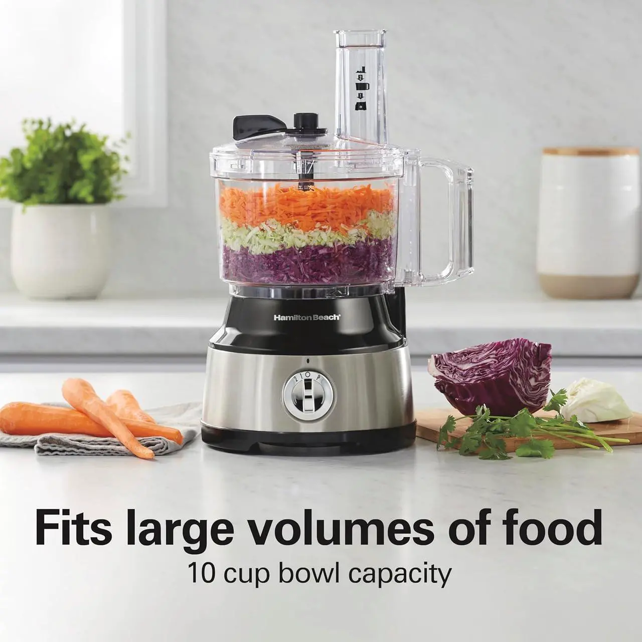 Alt view image 6 of 8 - Hamilton Beach Food Processor & Vegetable Chopper for Slicing, Shredding, Mincing, and Puree, 10 Cups + Easy Clean Bowl Scraper, Black and Stainless Steel (70730)