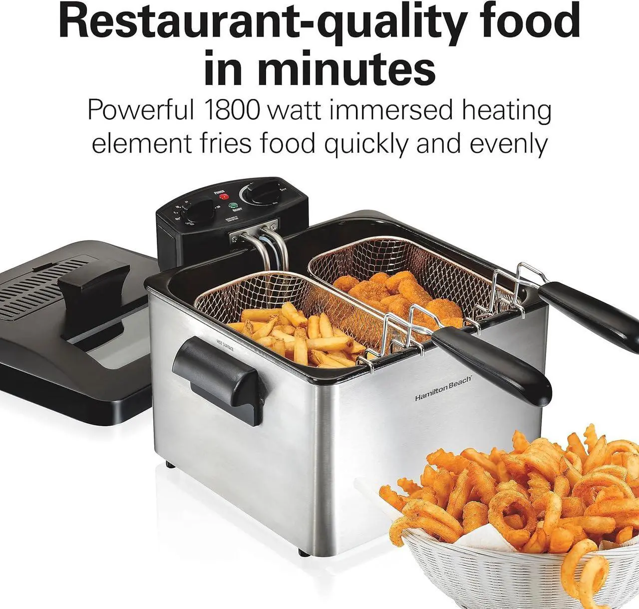 Alt view image 5 of 8 - Hamilton Beach Electric Deep Fryer with 3 Baskets and Lid, 4.5 Liters / 19 Cups Oil Capacity, Temperature Control, View Window, Professional Style, 1800 Watts, Stainless Steel (35034)