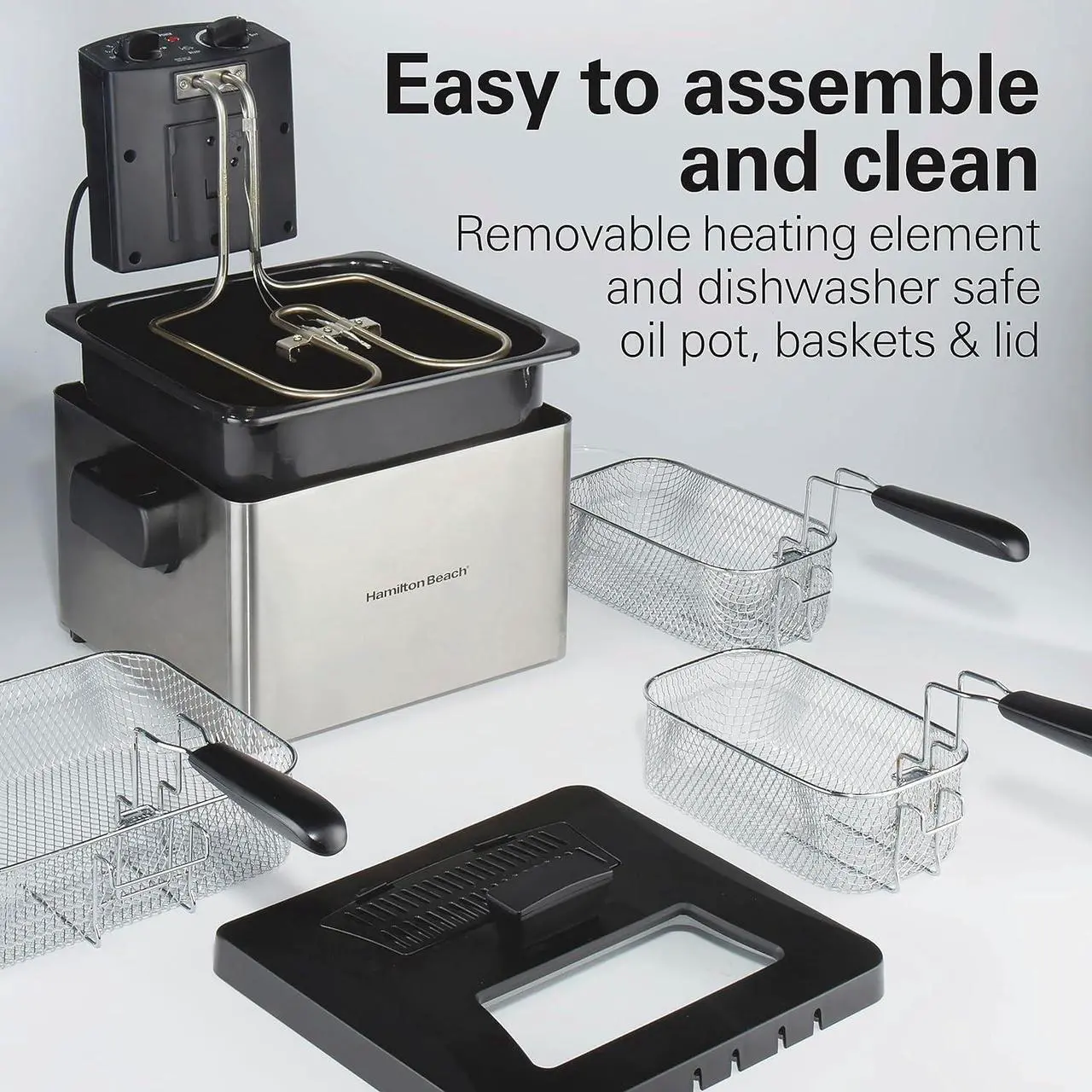 Alt view image 6 of 8 - Hamilton Beach Electric Deep Fryer with 3 Baskets and Lid, 4.5 Liters / 19 Cups Oil Capacity, Temperature Control, View Window, Professional Style, 1800 Watts, Stainless Steel (35034)