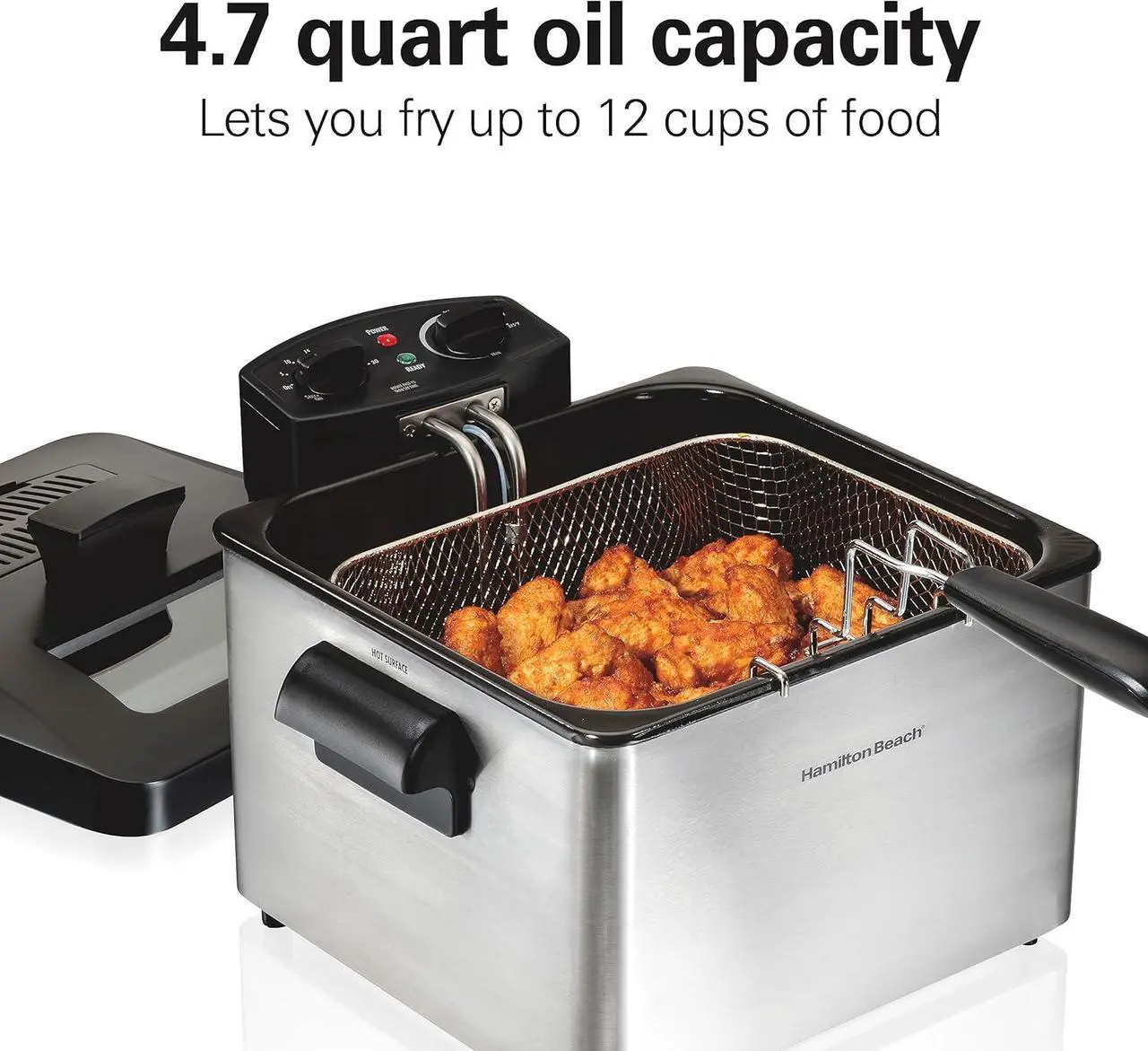 Alt view image 2 of 8 - Hamilton Beach Electric Deep Fryer with 3 Baskets and Lid, 4.5 Liters / 19 Cups Oil Capacity, Temperature Control, View Window, Professional Style, 1800 Watts, Stainless Steel (35034)