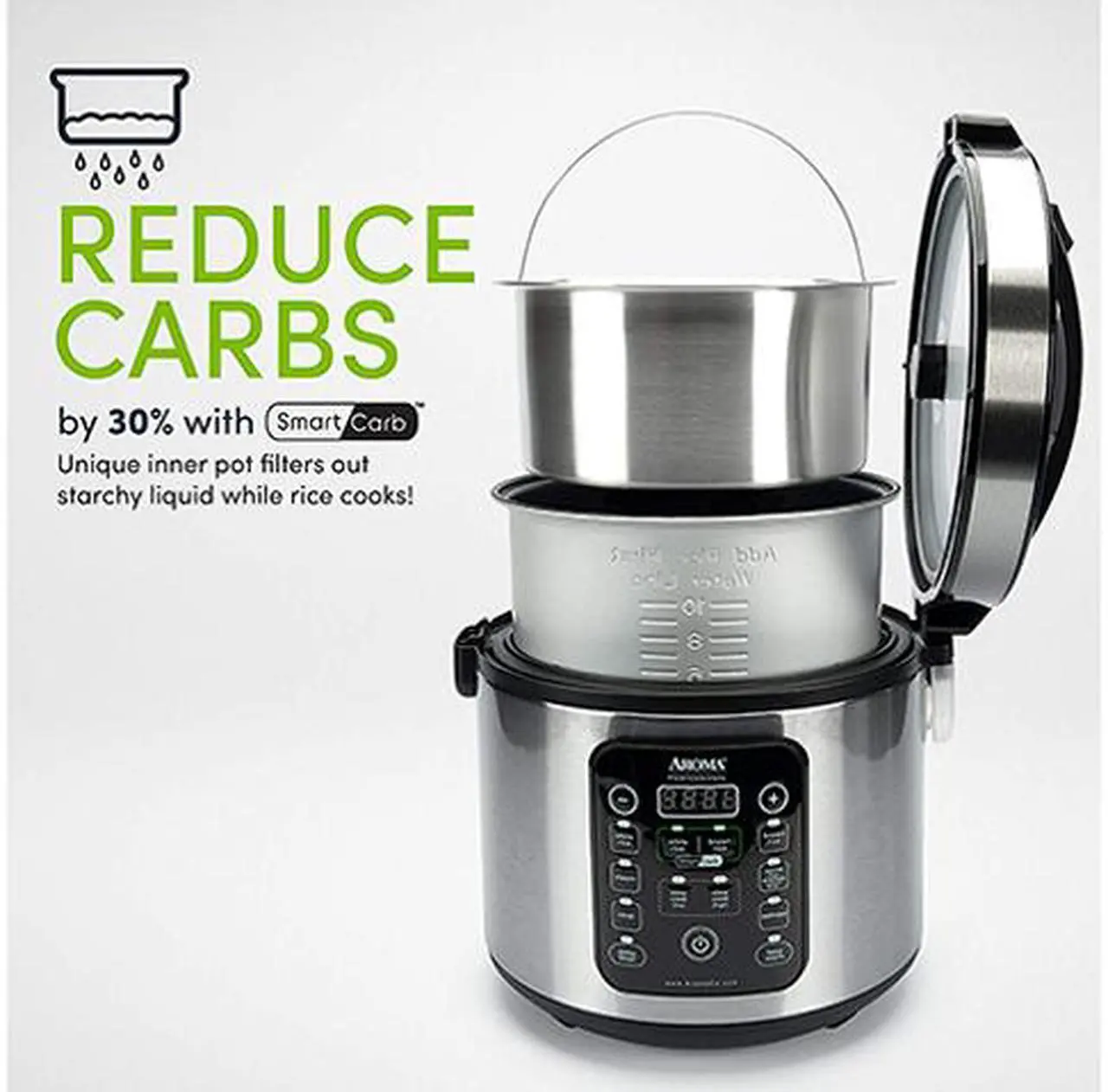 Alt view image 3 of 7 - AROMA ARC1120SBL Black/Stainless Steel 20-Cup SmartCarb Rice Cooker