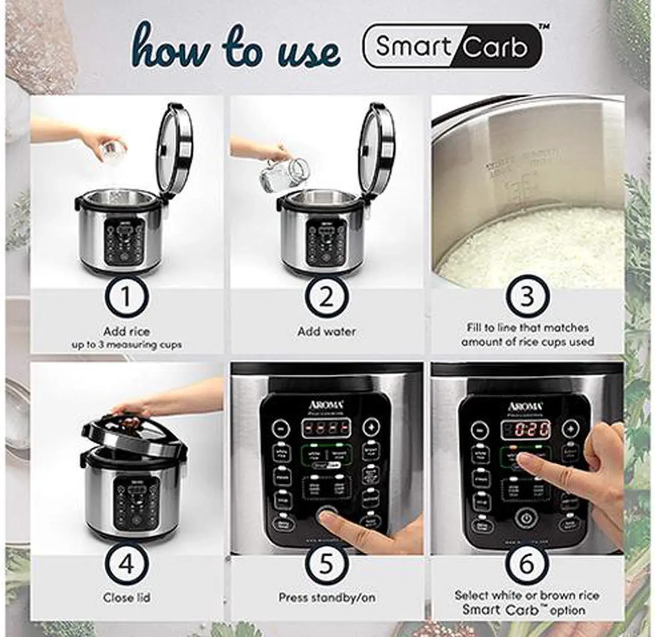 Alt view image 5 of 7 - AROMA ARC1120SBL Black/Stainless Steel 20-Cup SmartCarb Rice Cooker