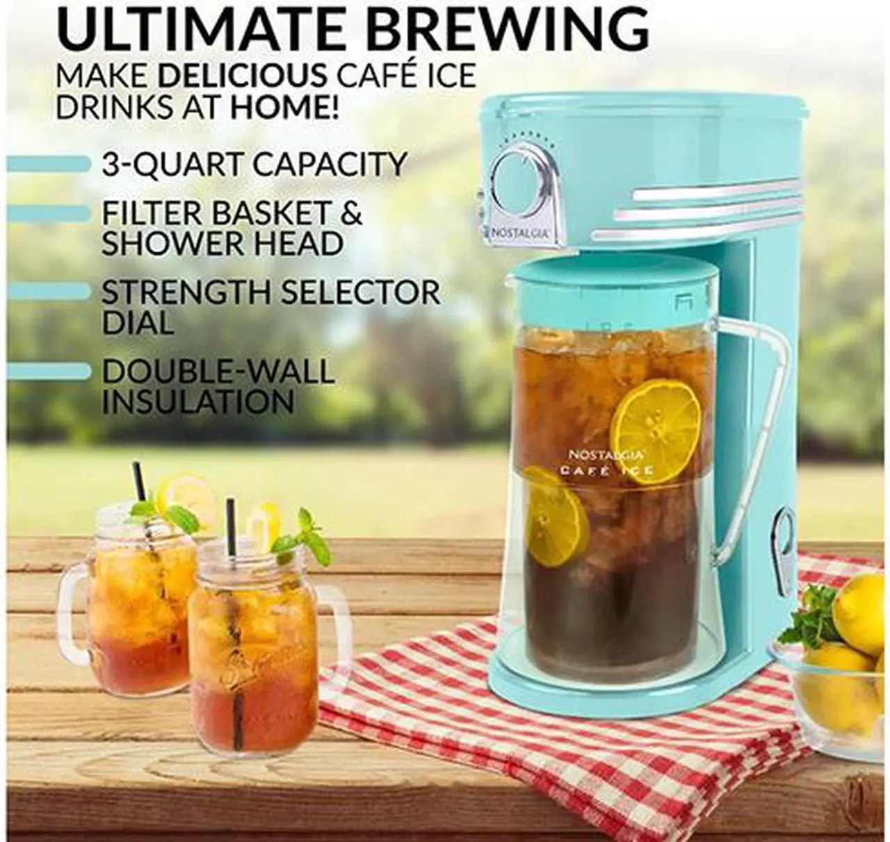 Alt view image 3 of 3 - Nostalgia Electrics CIT3PLSAQ Aqua Cafe Ice 3-Quart Iced Coffee and Tea Brewing System with Plastic Pitcher