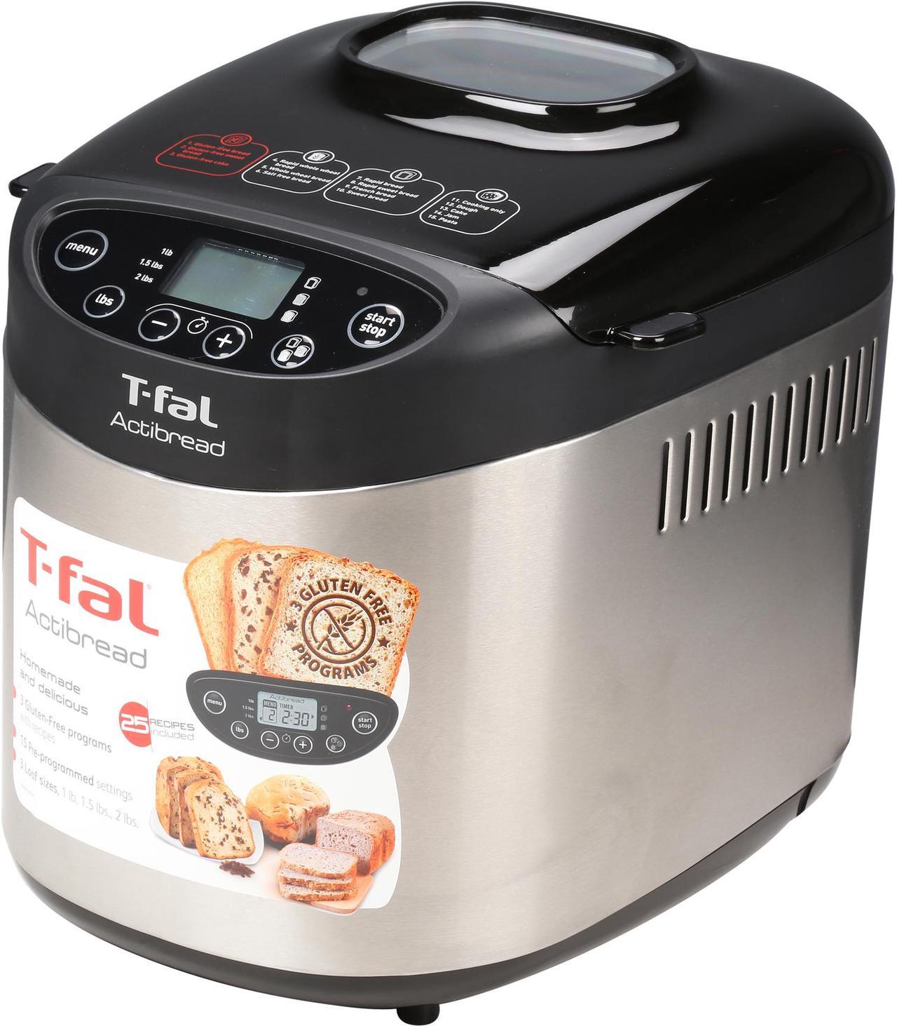 T-fal PF311 ActiBread 15 Programs Bread Machine Stainless Steel Housing Nonstick Coating Automatic Bread Maker with LCD Display, 700-watt, Silver