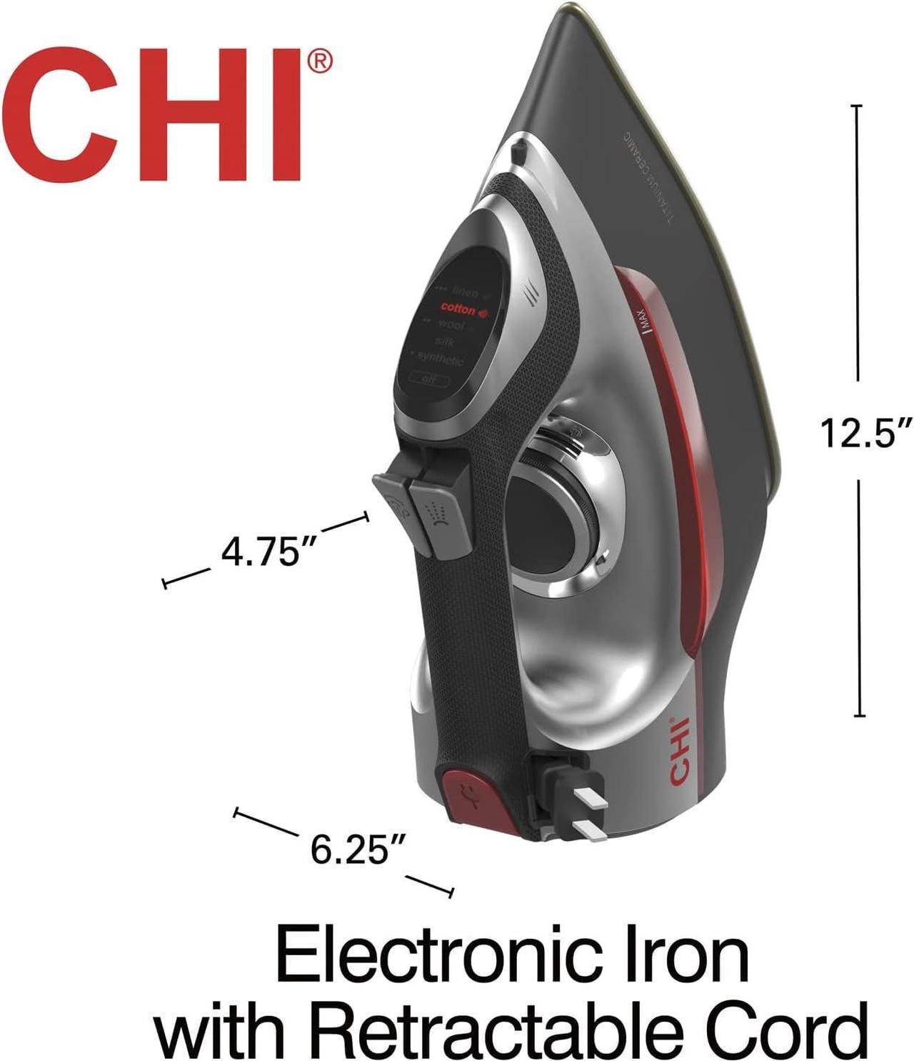 Alt view image 4 of 8 - CHI 13102 Steam Iron for Clothes with Titanium Infused Ceramic Soleplate, 1700 Watts, Electronic Temperature Control, 8' Retractable Cord, 3-Way Auto Shutoff, 400+ Holes, Professional Grade, Silver Silver