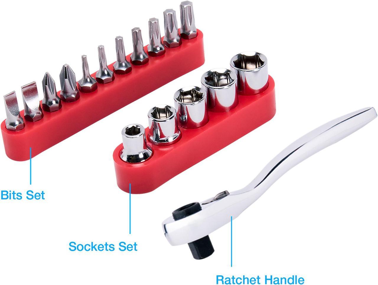 Rosewill RTK-018 Ratchet Bit Driver with Socket Set and Bit Set. 1/4 inch Ratchet at 48 FT/LBS of Torque. Bit Set of Flat Bits, Phillips Bits, Torque Bits. Socket Set of 5 Sizes Sockets. Rosewill Tool Mini Ratchet