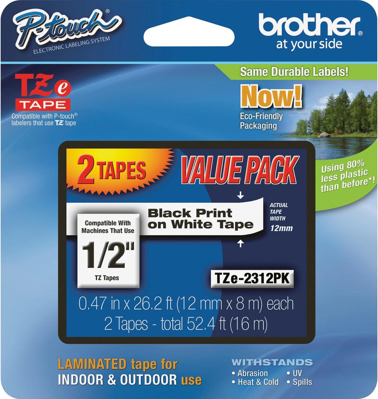 Brother TZE2312PK Black Print on Premium White Laminated Tape for P-touch Label Maker, 12mm (0.47") wide x 8m (26.2') long - 2/Pack