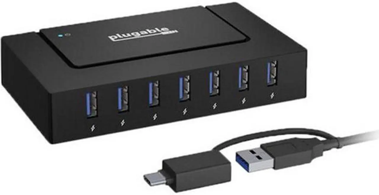 Alt view image 9 of 17 - Plugable 7-in-1 USB Powered Hub for Laptops with USB-C or USB 3.0 - USB Power Station for Multiple Devices and USB Data Transfer with a 60W Power Adapter, Driverless