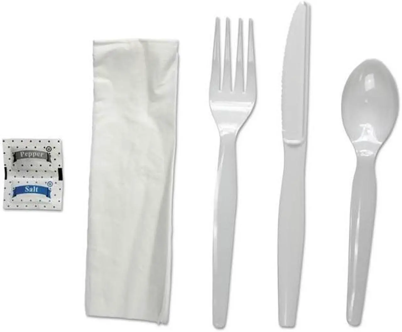 Main image of Boardwalk FKTNSHWPSWH 6-Pc. Cutlery Kit, Condiment / Fork / Knife / Napkin / Spoon, Heavyweight, White, 250 / Carton