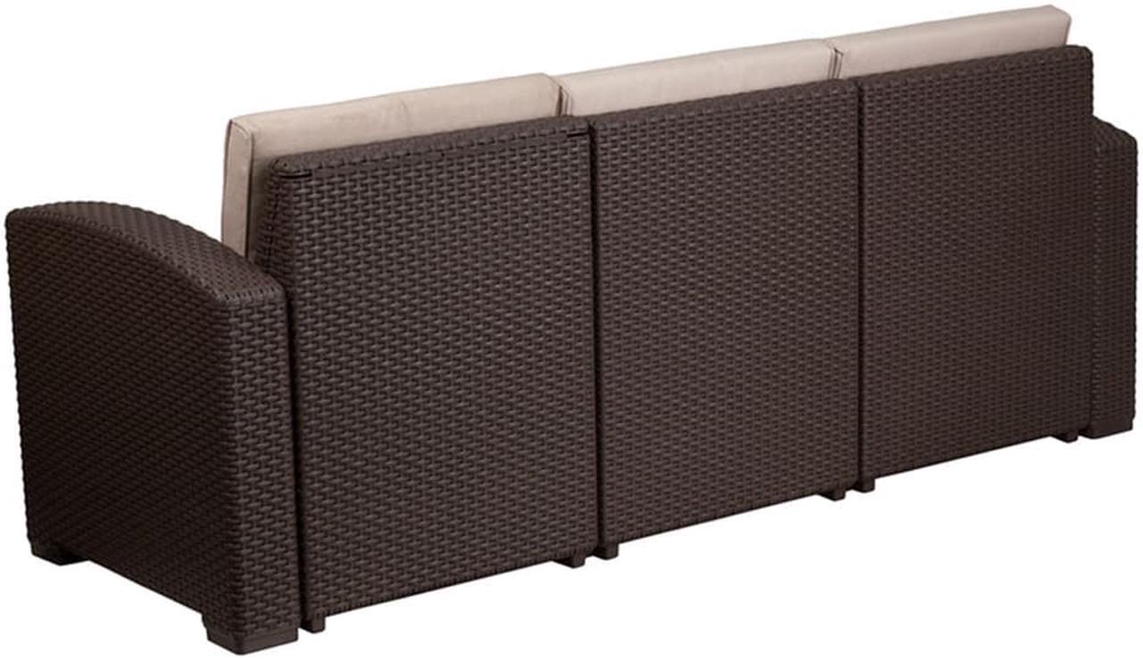 Alt view image 7 of 20 - Chocolate Brown Faux Rattan Sofa with All-Weather Beige Cushions
