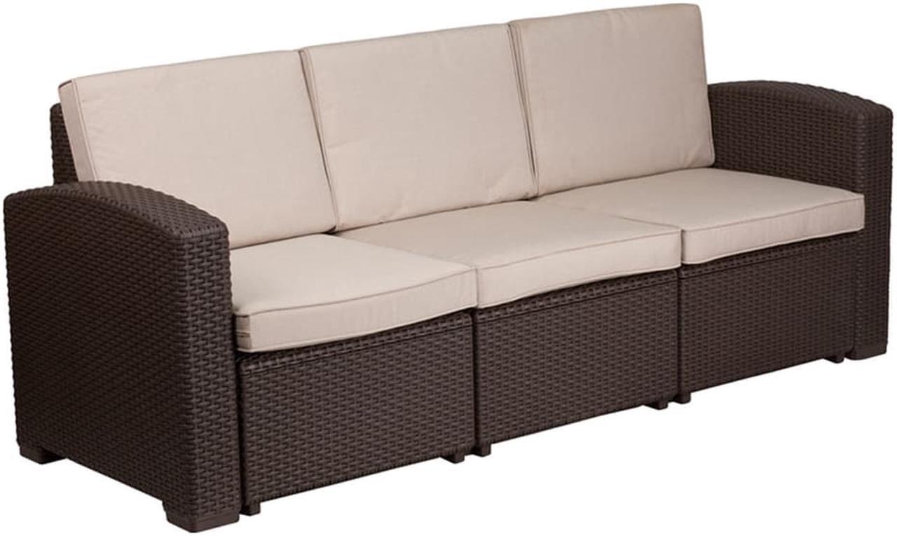 Alt view image 5 of 20 - Chocolate Brown Faux Rattan Sofa with All-Weather Beige Cushions
