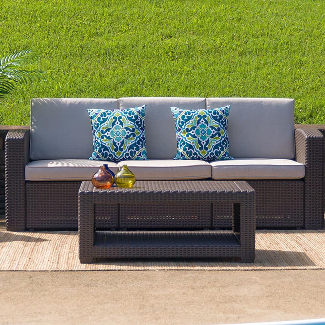 Alt view image 6 of 20 - Chocolate Brown Faux Rattan Sofa with All-Weather Beige Cushions
