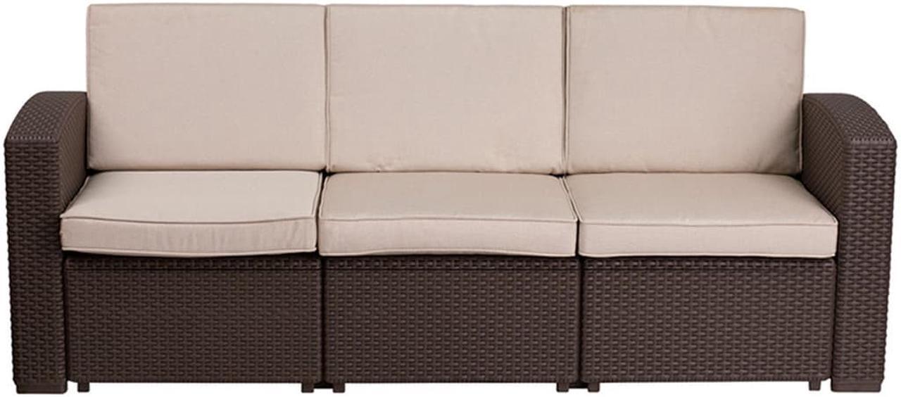 Alt view image 8 of 20 - Chocolate Brown Faux Rattan Sofa with All-Weather Beige Cushions