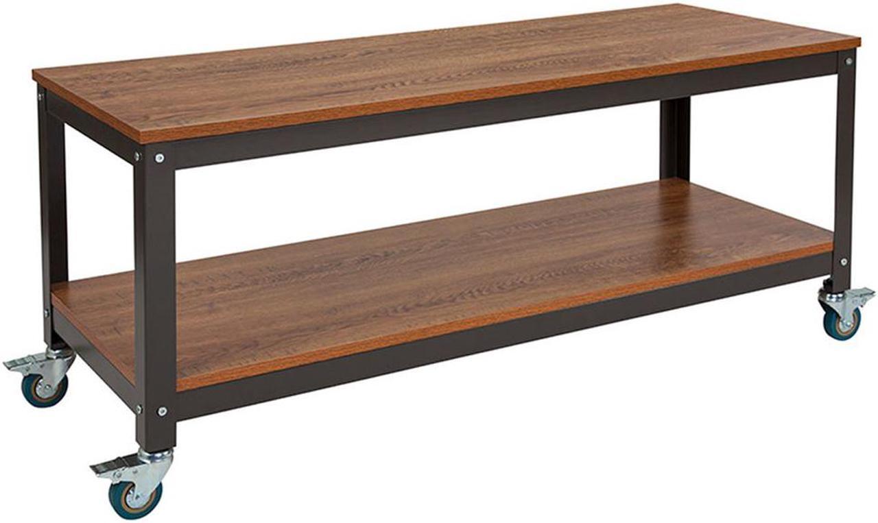 Main image of Flash Furniture Livingston Collection TV Stand with Metal Wheels, Brown Oak Wood Grain Finish
