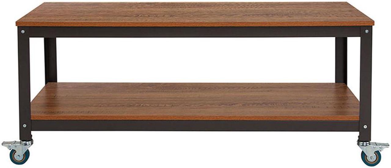 Alt view image 2 of 12 - Flash Furniture Livingston Collection TV Stand with Metal Wheels, Brown Oak Wood Grain Finish