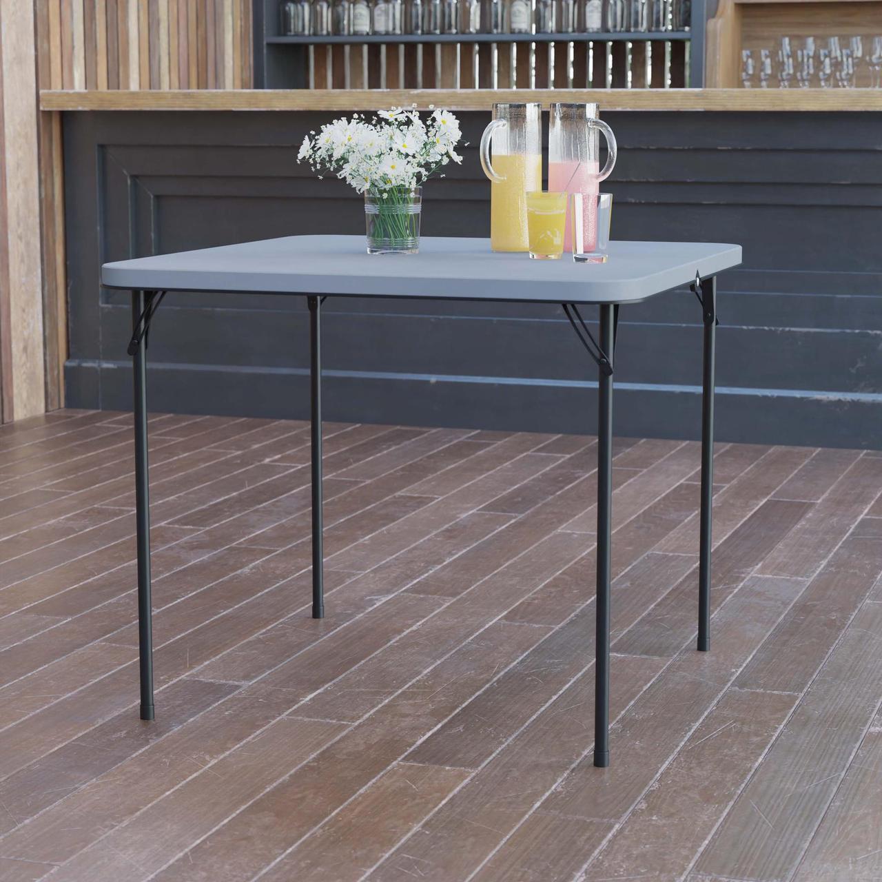 Alt view image 14 of 20 - 2.83-Foot Square Bi-Fold Gray Plastic Folding Table with Carrying Handle