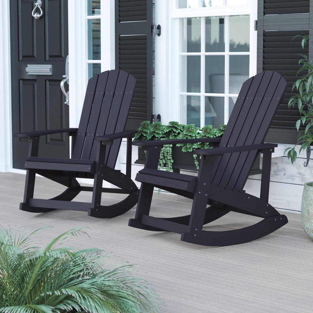 Alt view image 7 of 20 - Savannah All-Weather Poly Resin Wood Adirondack Rocking Chair with Rust Resistant Stainless Steel Hardware in Black - Set of 2