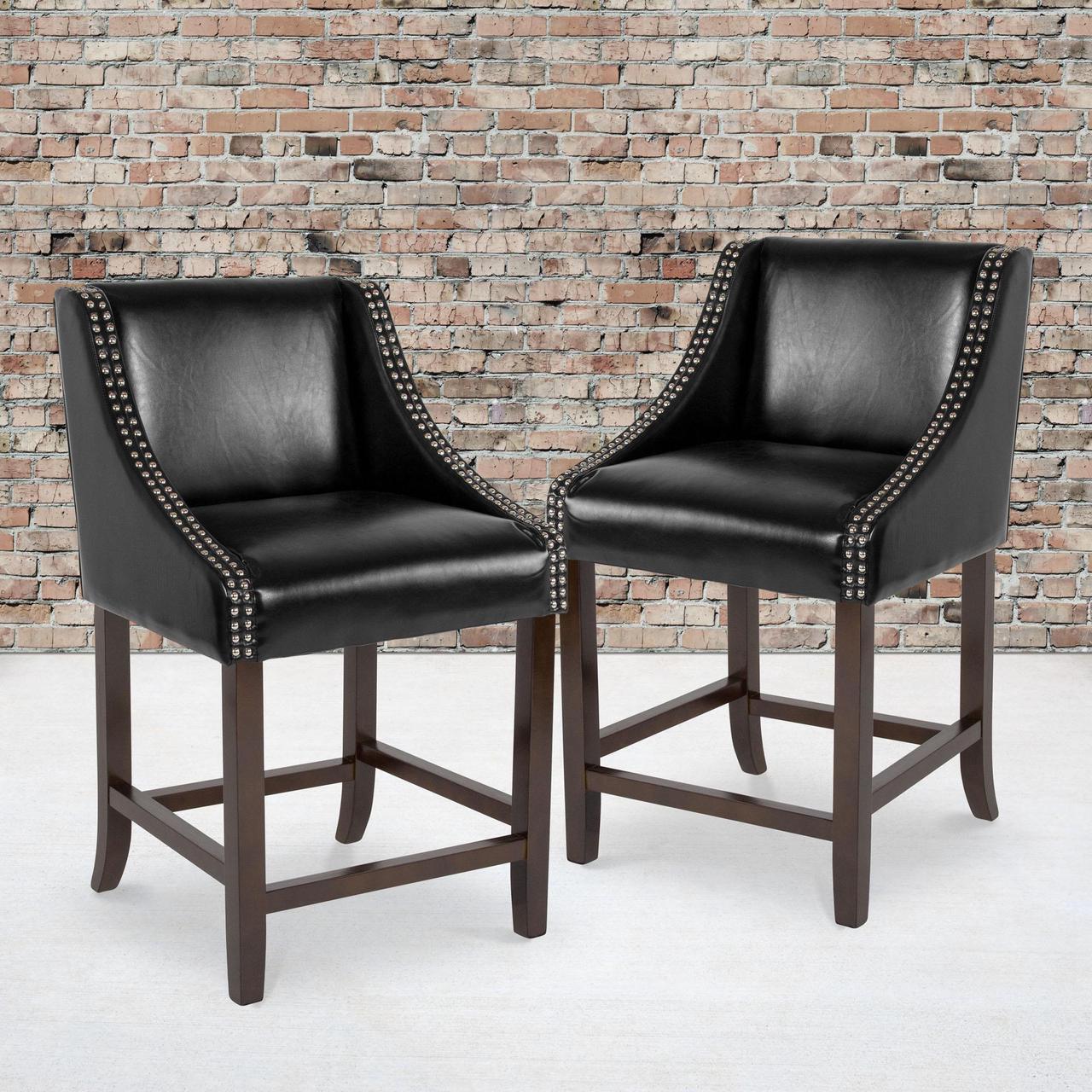 Alt view image 17 of 20 - Carmel Series 24" High Transitional Walnut Counter Height Stool with Nail Trim in Black LeatherSoft, Set of 2