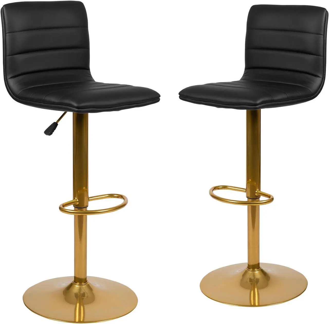 Alt view image 13 of 20 - Modern Black Vinyl Adjustable Bar Stool with Back, Counter Height Swivel Stool with Gold Pedestal Base, Set of 2
