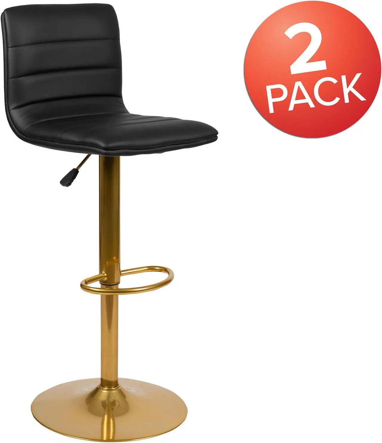 Alt view image 15 of 20 - Modern Black Vinyl Adjustable Bar Stool with Back, Counter Height Swivel Stool with Gold Pedestal Base, Set of 2