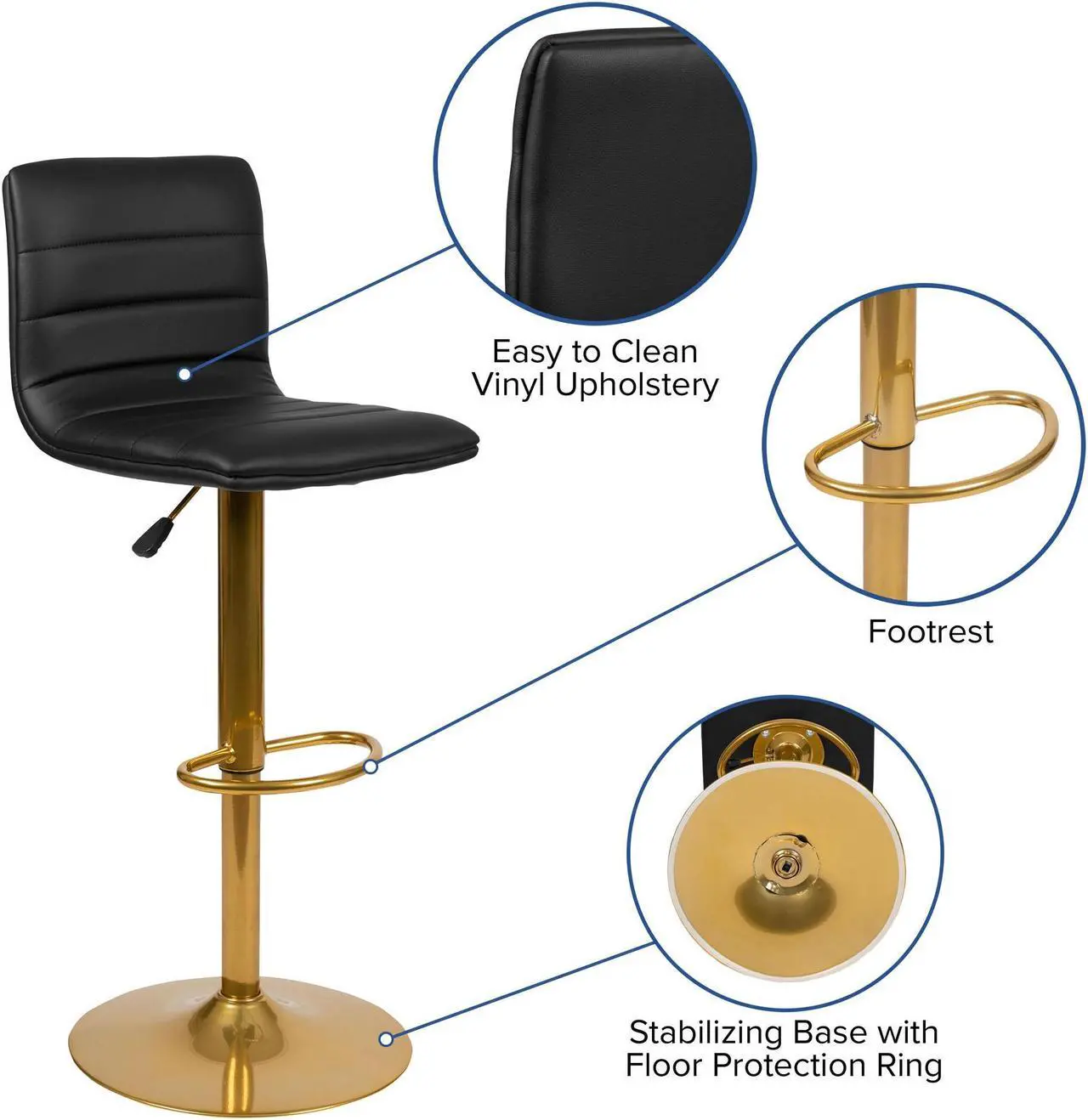 Alt view image 17 of 20 - Modern Black Vinyl Adjustable Bar Stool with Back, Counter Height Swivel Stool with Gold Pedestal Base, Set of 2