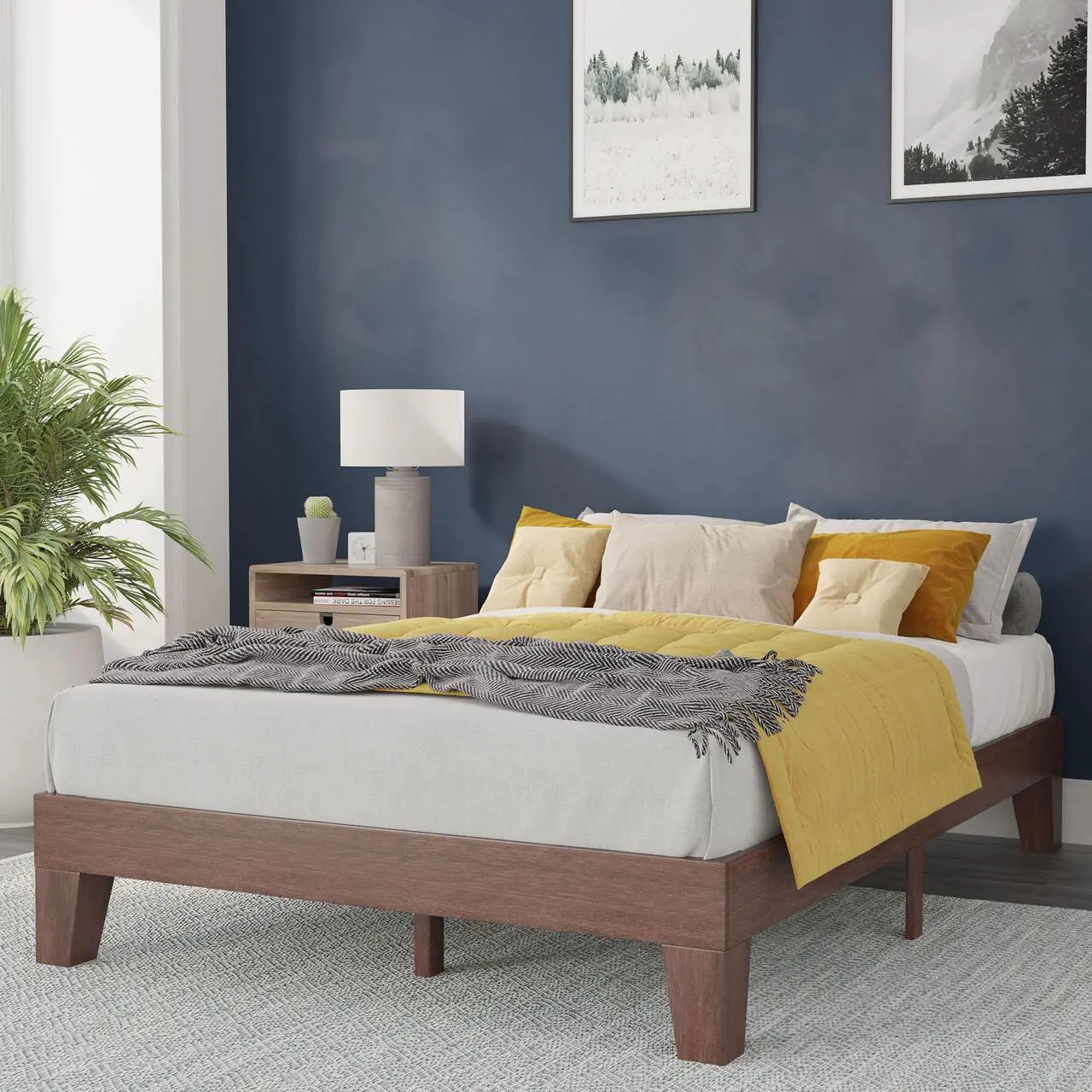 Alt view image 2 of 20 - Evelyn Walnut Finish Solid Wood Full Platform Bed, No Box Spring Required