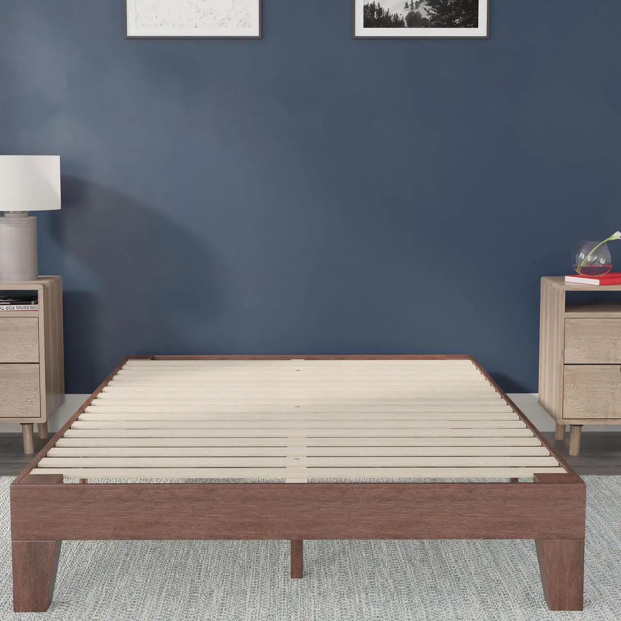 Alt view image 4 of 20 - Evelyn Walnut Finish Solid Wood Full Platform Bed, No Box Spring Required