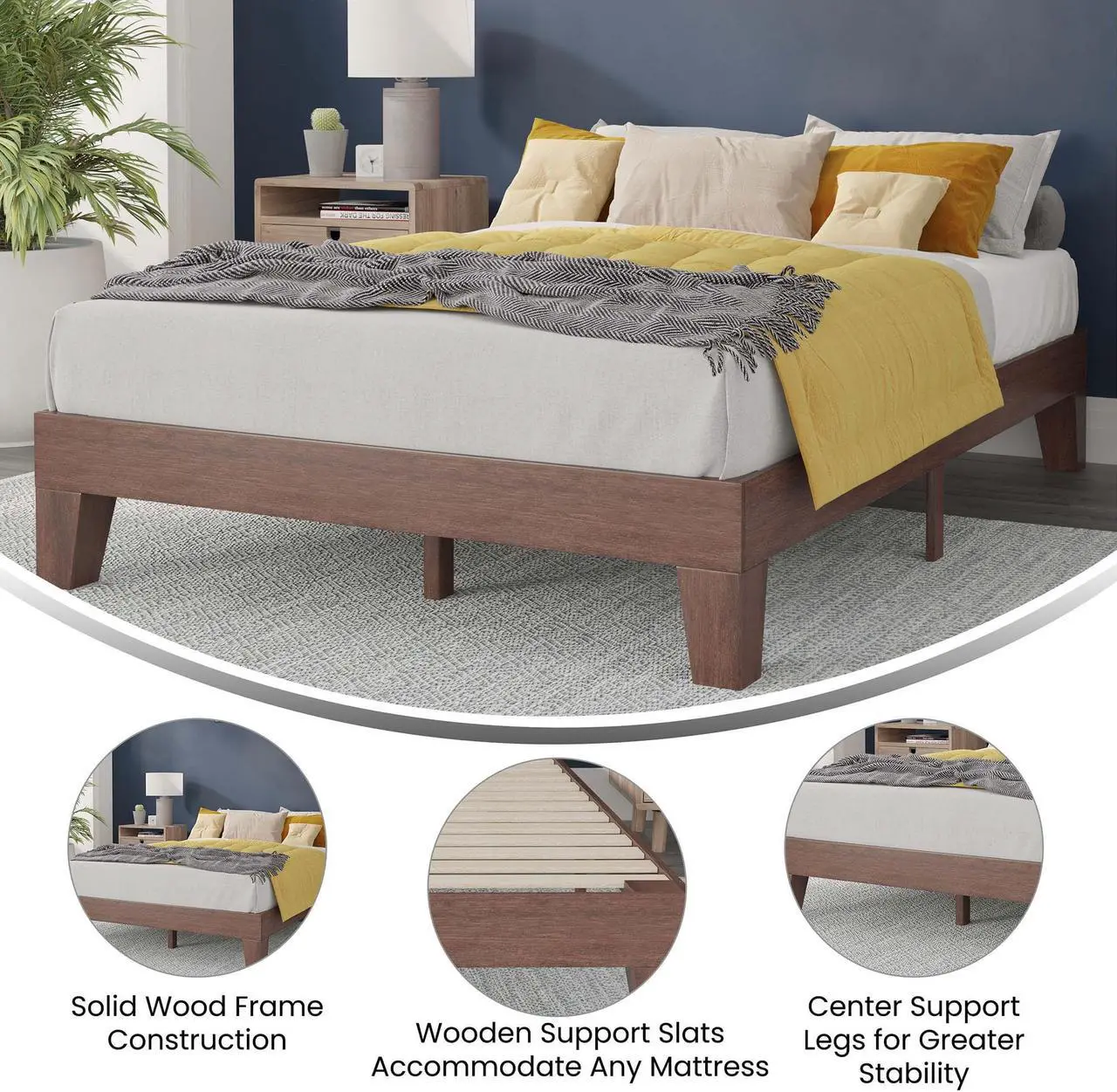 Alt view image 6 of 20 - Evelyn Walnut Finish Solid Wood Full Platform Bed, No Box Spring Required