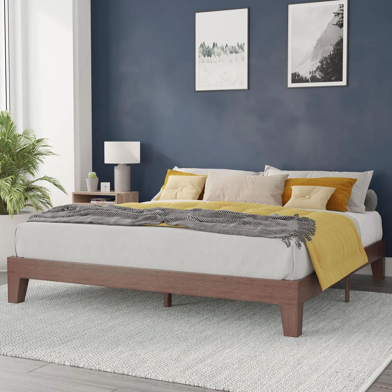 Alt view image 2 of 20 - Evelyn Walnut Finish Solid Wood King Platform Bed, No Box Spring Required