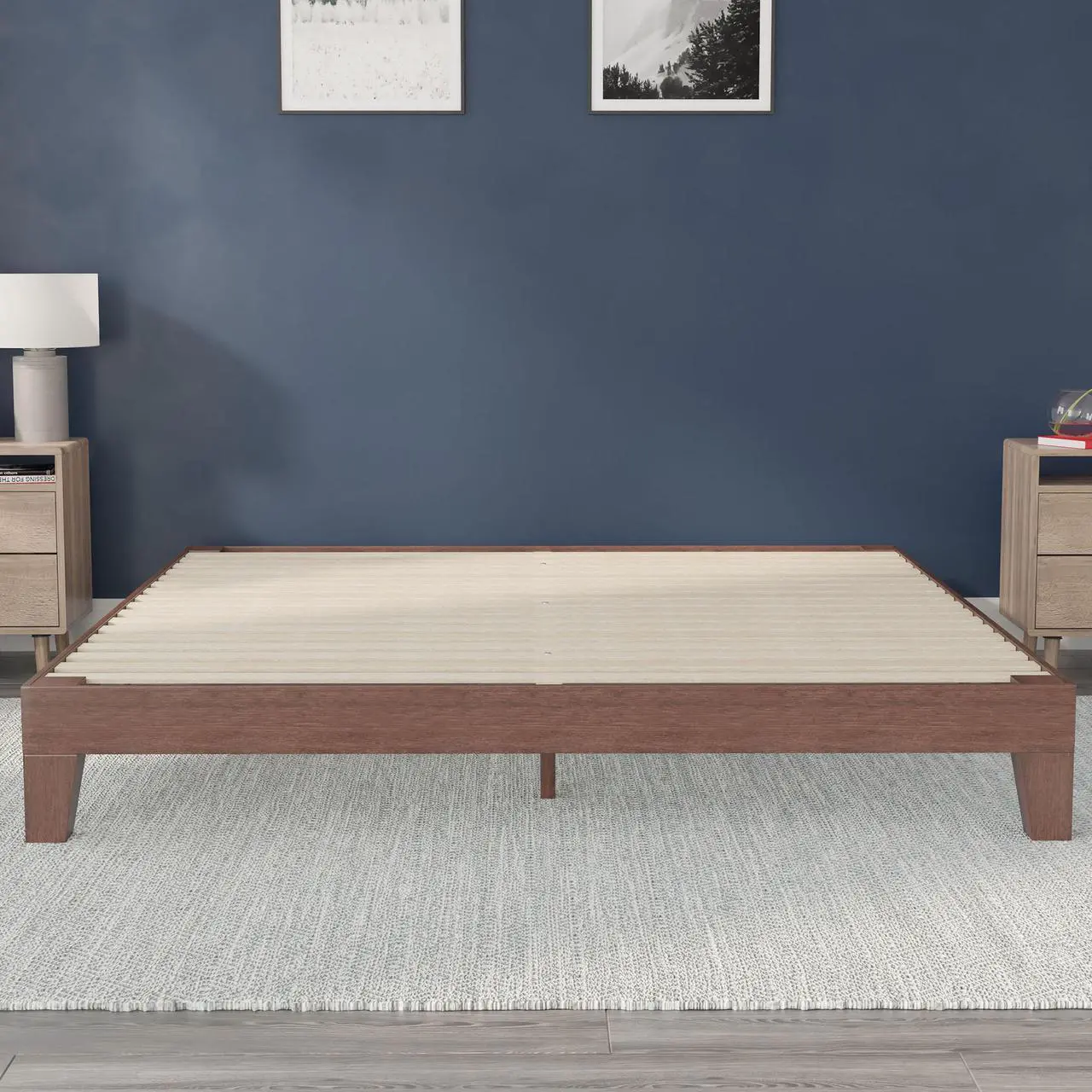 Alt view image 4 of 20 - Evelyn Walnut Finish Solid Wood King Platform Bed, No Box Spring Required
