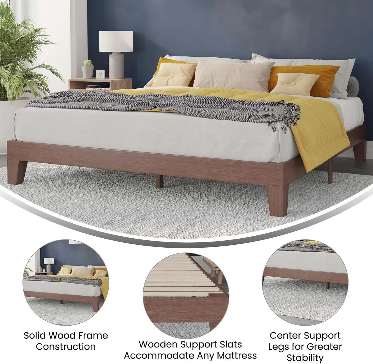 Alt view image 6 of 20 - Evelyn Walnut Finish Solid Wood King Platform Bed, No Box Spring Required