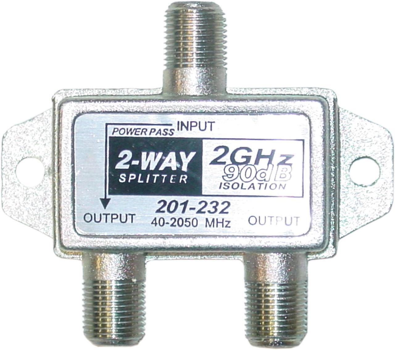 Main image of Cable Wholesale F-Pin Coaxial Splitter 2 Way, 2 Ghz 90 Db, DC Passing On One Port