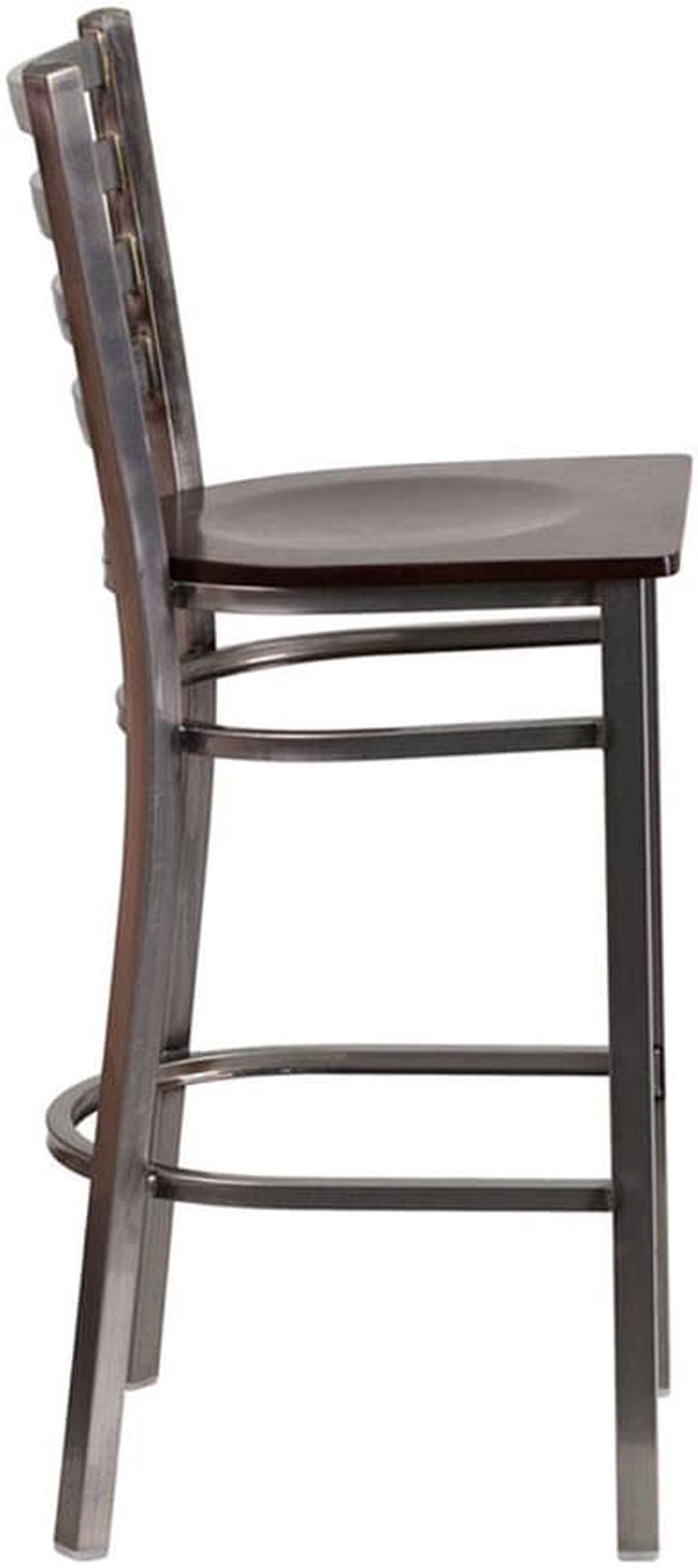 Alt view image 7 of 20 - HERCULES Series Clear Coated Ladder Back Metal Restaurant Barstool - Walnut Wood Seat