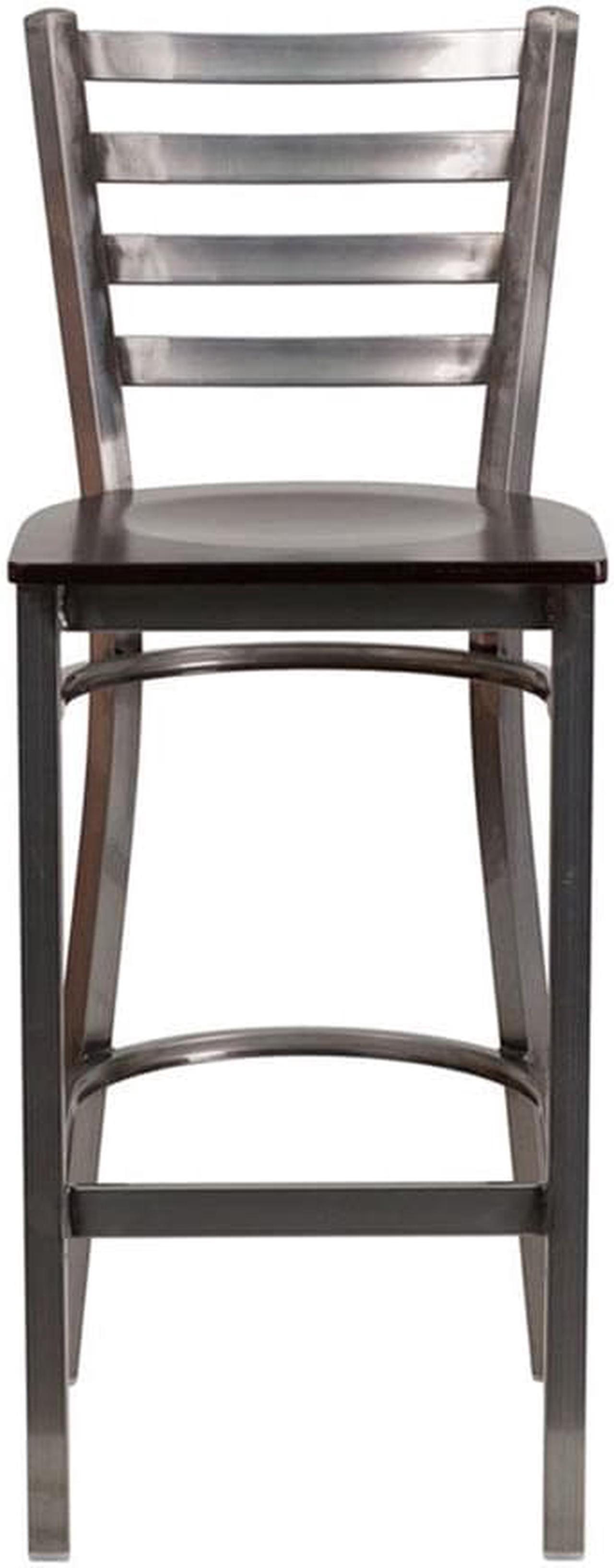Alt view image 9 of 20 - HERCULES Series Clear Coated Ladder Back Metal Restaurant Barstool - Walnut Wood Seat