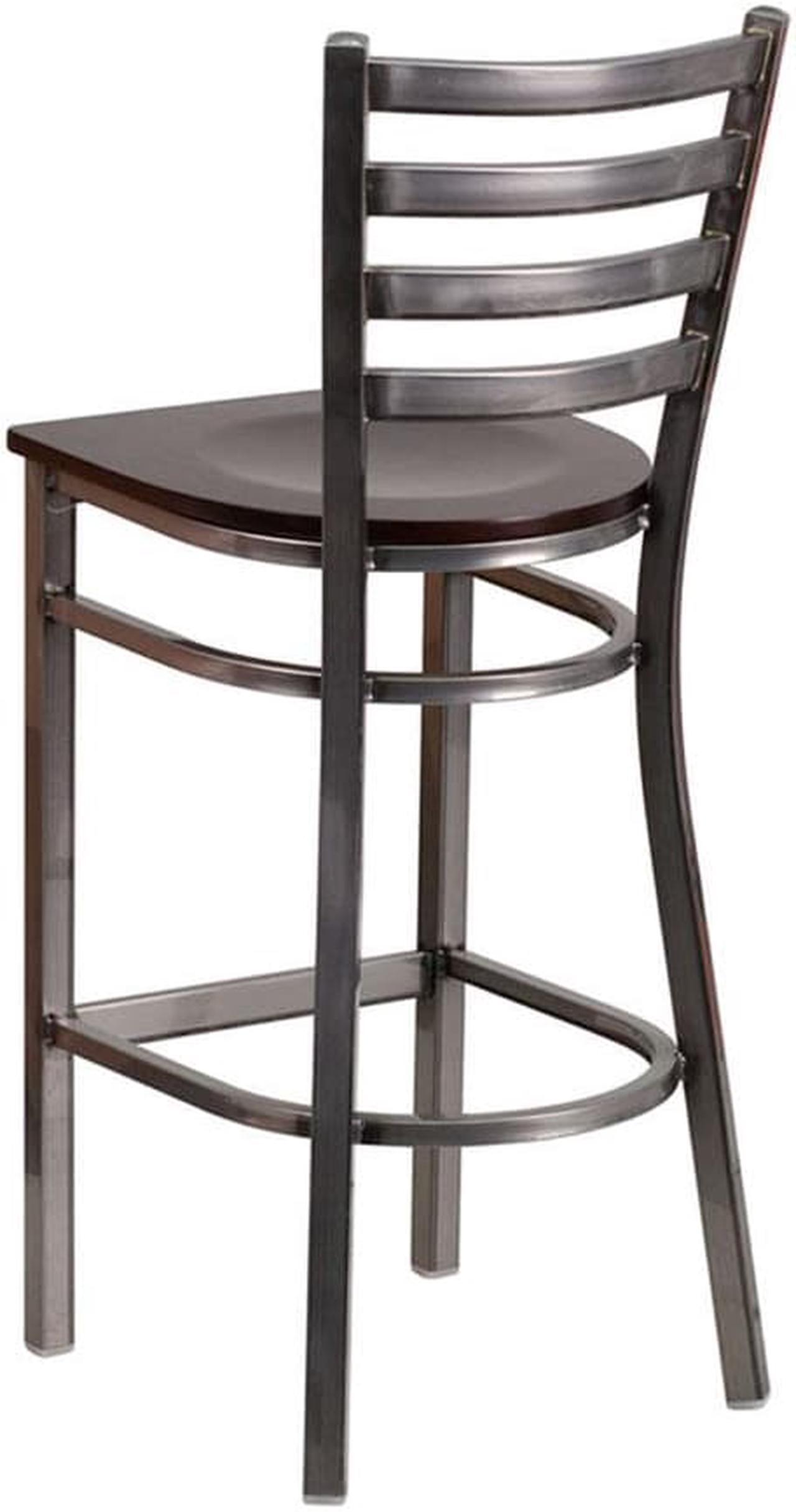 Alt view image 8 of 20 - HERCULES Series Clear Coated Ladder Back Metal Restaurant Barstool - Walnut Wood Seat
