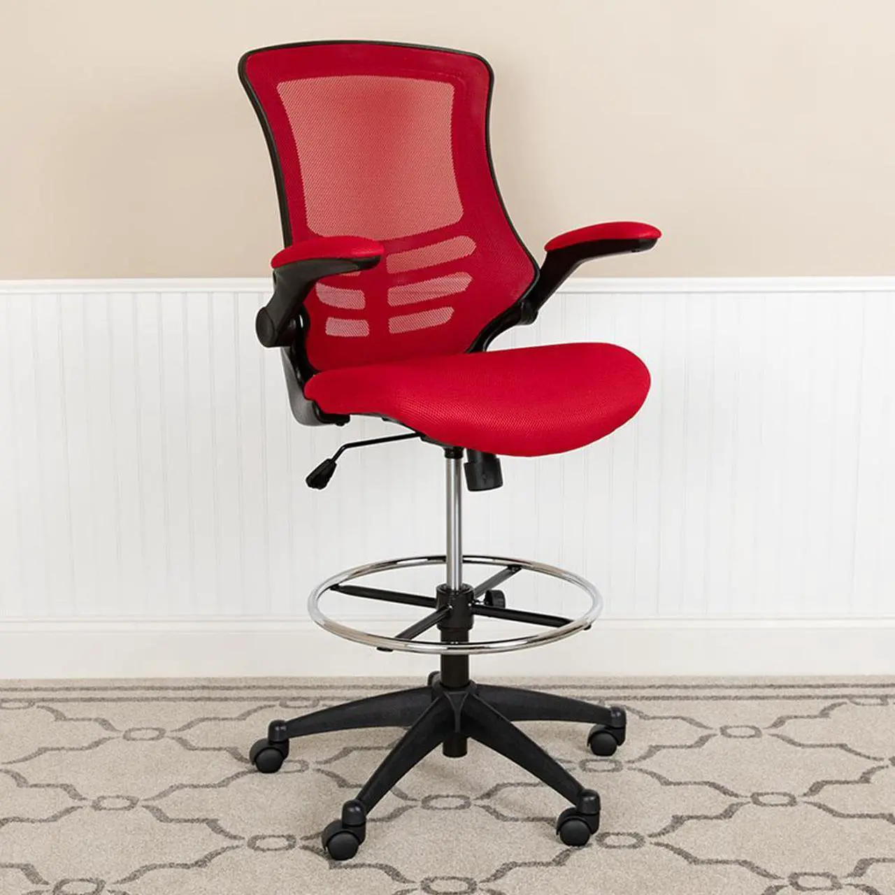 Alt view image 12 of 20 - Mid-Back Red Mesh Ergonomic Drafting Chair with Adjustable Foot Ring and Flip-Up Arms