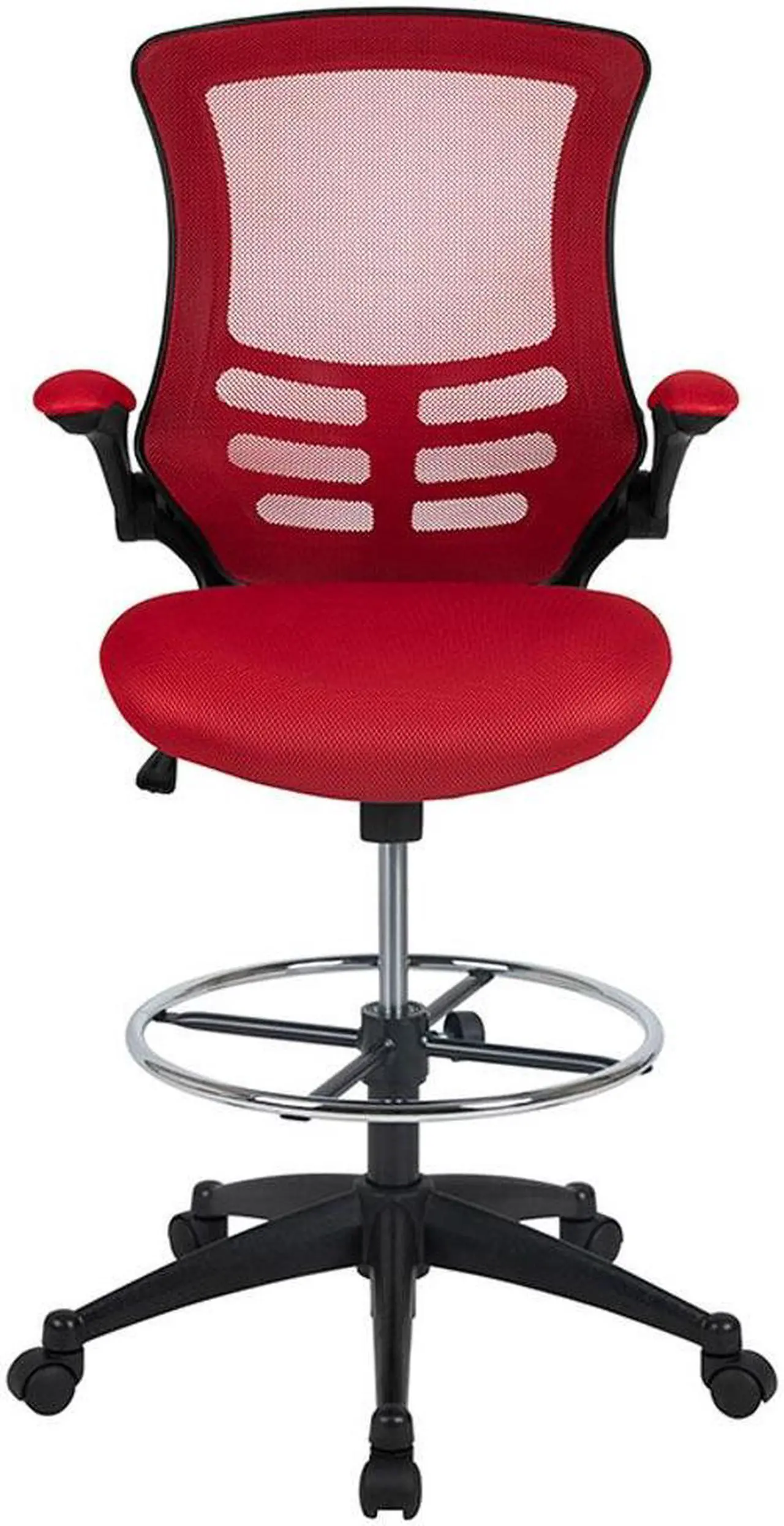 Alt view image 14 of 20 - Mid-Back Red Mesh Ergonomic Drafting Chair with Adjustable Foot Ring and Flip-Up Arms